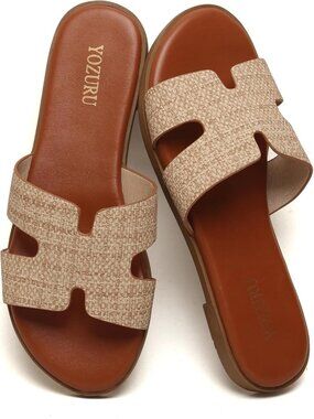 🆕Women's Brown Raffia Flat Sandals Open Toe Dressy Summer Sandals Comfortable